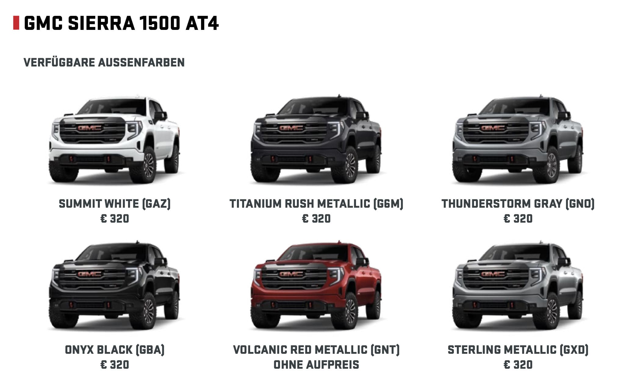 Das Bild zeigt die verfügbaren Außenfarben des GMC Sierra 1500 AT4