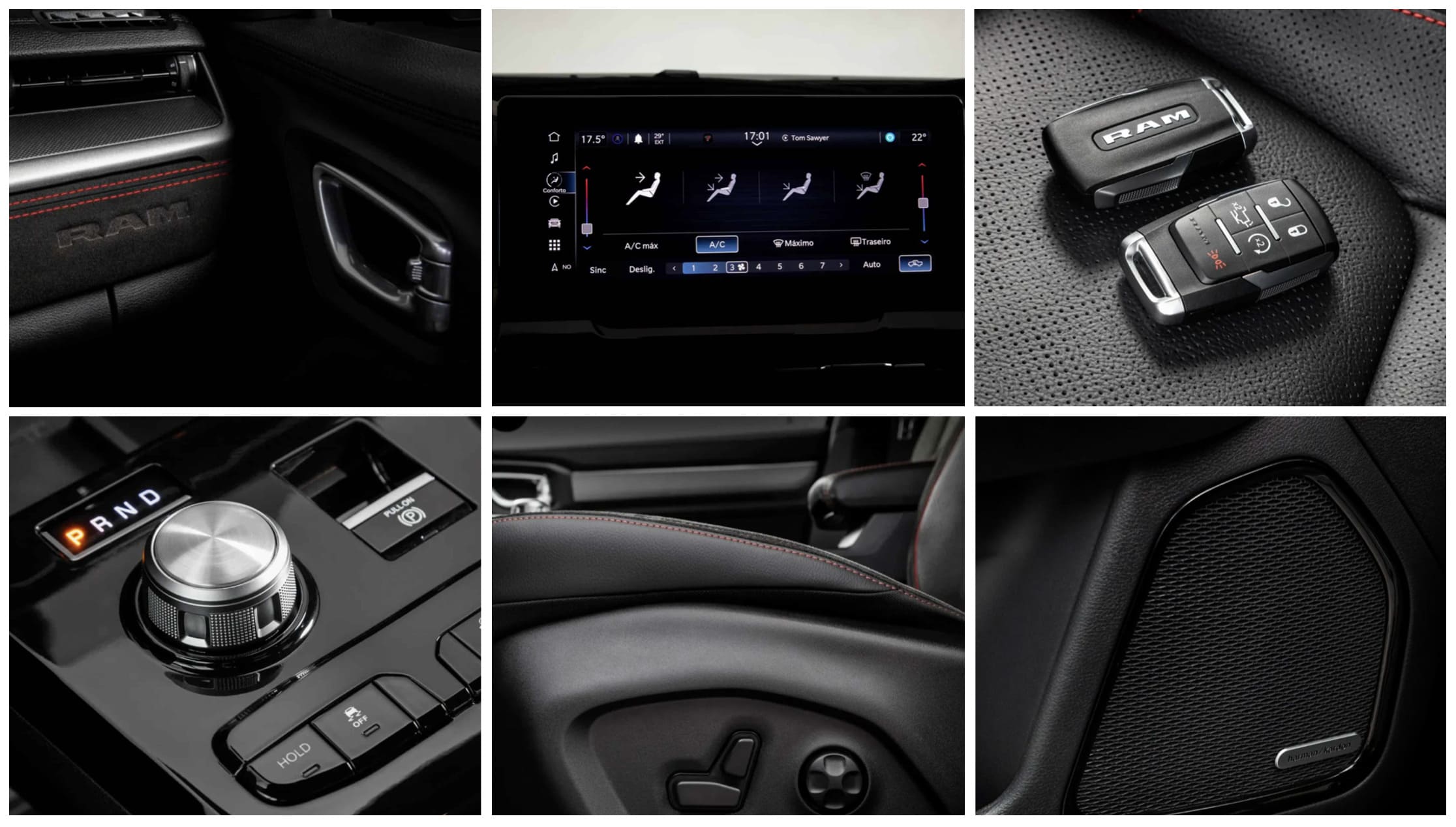 RAM Rampage Ausstattung - Autohaus Köhler in Potsdam Das Bild zeigt eine stilvolle Collage von sechs Detailaufnahmen des Innenraums und der Ausstattung des neuen RAM Rampage, die gezielt den hochwertigen und funktionalen Charakter des Pick-ups hervorheben.