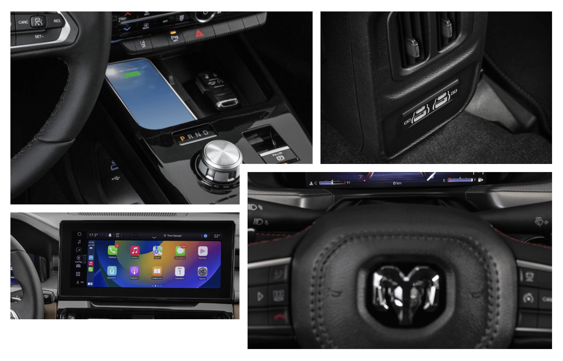 RAM Rampage Interior - Autohaus Köhler in Potsdam Das Bild zeigt eine Collage aus fünf Detailaufnahmen des Innenraums des neuen RAM Rampage, mit Fokus auf moderne Technologien und Komfortfeatures.