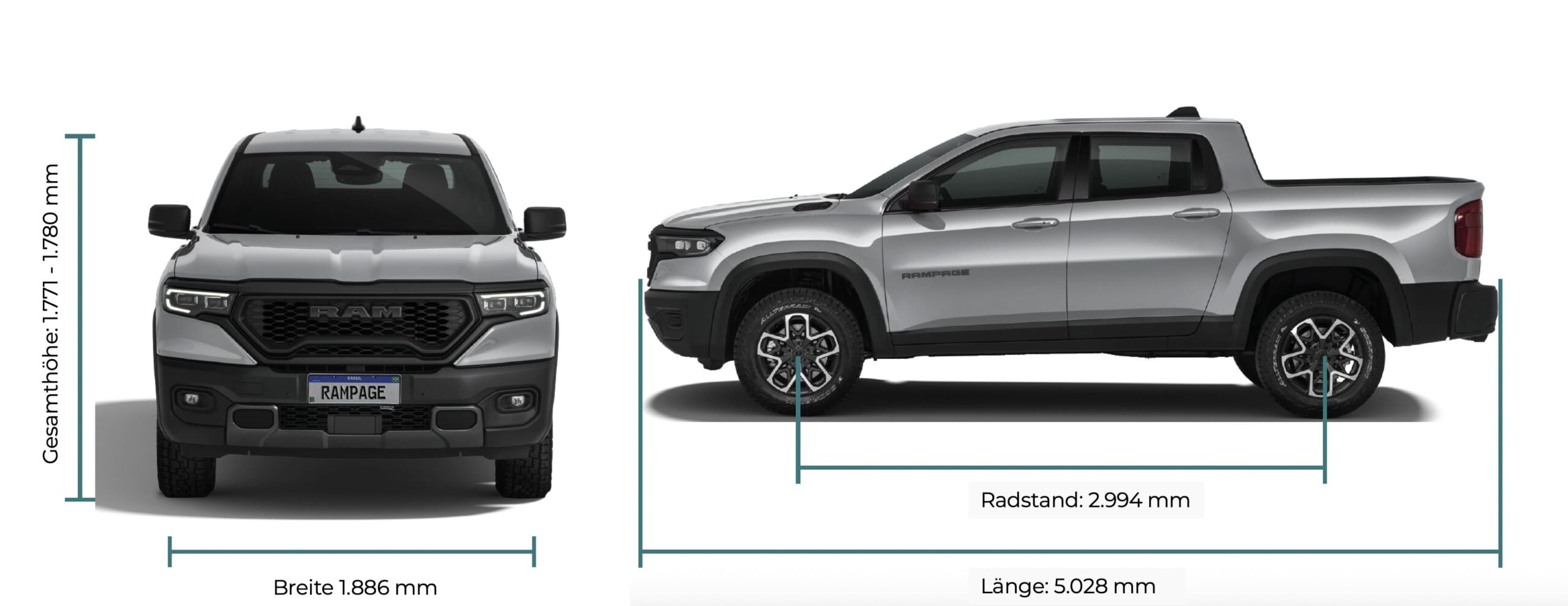 RAM Rampage Maße - Autohaus Köhler in Potsdam Das Bild zeigt die Abmessungen des neuen RAM Rampage in einer anschaulichen Darstellung mit zwei Fahrzeugansichten – Frontal- und Seitenansicht – inklusive beschrifteter Maßangaben.