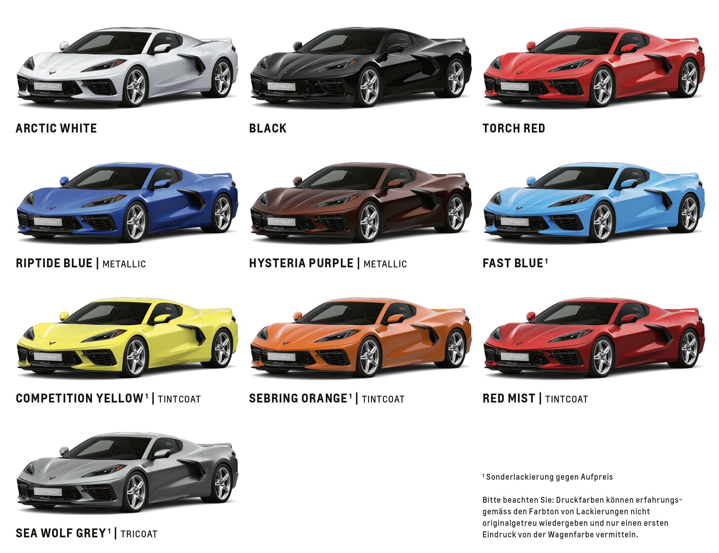 Farboptionen der Corvette C8 Stingray in verschiedenen Lackierungen