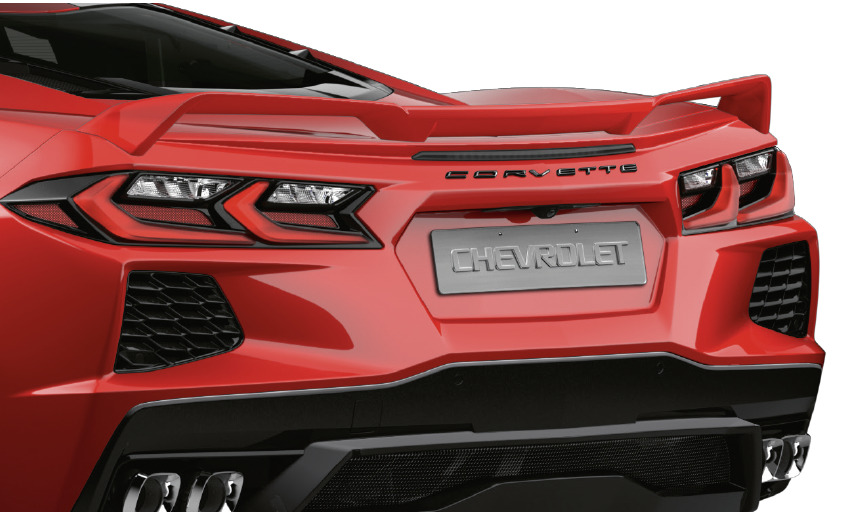 Heckansicht Chevrolet Corvette C8 Stingray Heckansicht der roten Chevrolet Corvette C8 Stingray mit Rückleuchten, Spoiler und vier Endrohren.