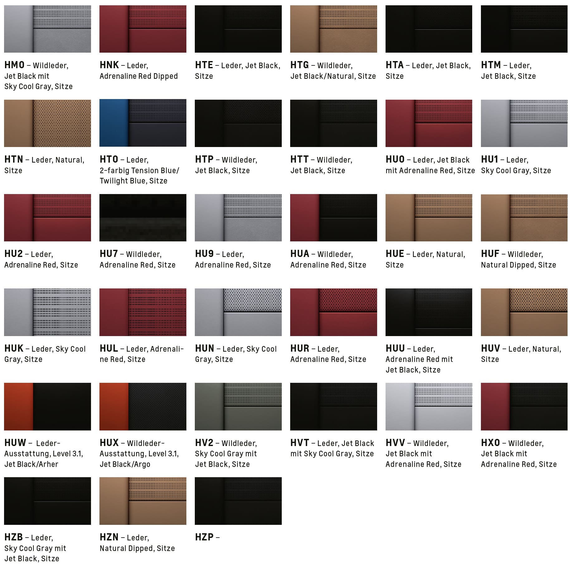 Corvette C8 Stingray - Innenraumfarben Übersicht der Innenraumfarben und Sitzbezüge der Chevrolet Corvette C8 Stingray mit verschiedenen Leder- und Wildleder-Optionen.