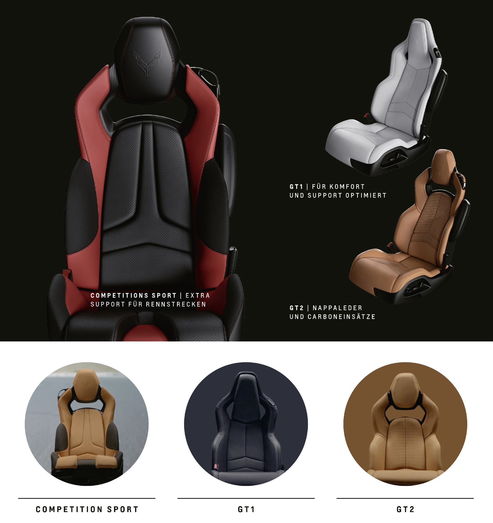 Corvette C8 Stingray Sitze Sport- und Komfortsitze der Chevrolet Corvette C8 Stingray in den Varianten Competition Sport, GT1 und GT2.