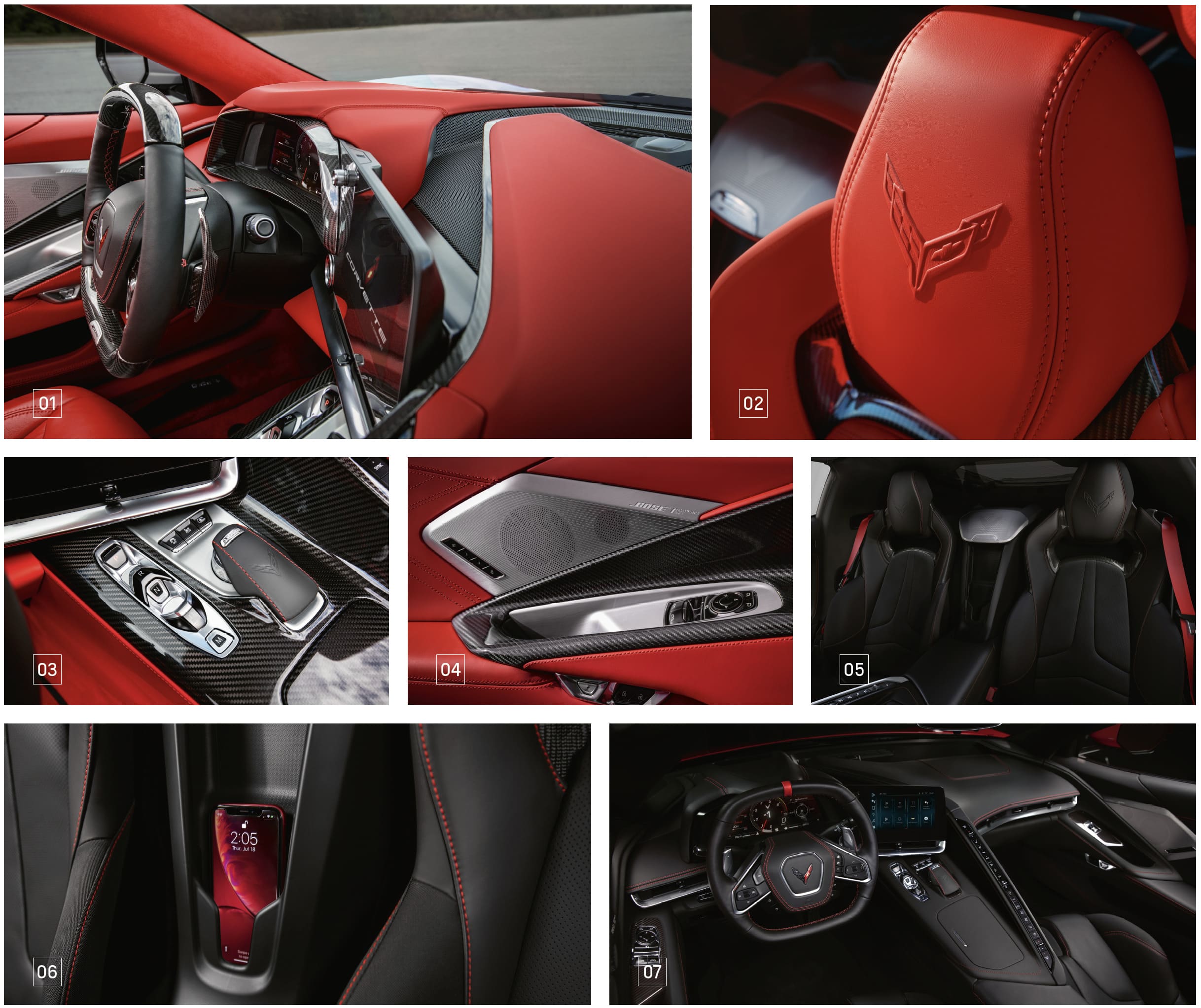 Corvette C8 Stingray_Interior Collage aus Detailaufnahmen des Innenraums der Chevrolet Corvette C8 Stingray mit Cockpit, Sportsitzen, Mittelkonsole, Türverkleidung, Stauraum und digitalem Fahrerdisplay.