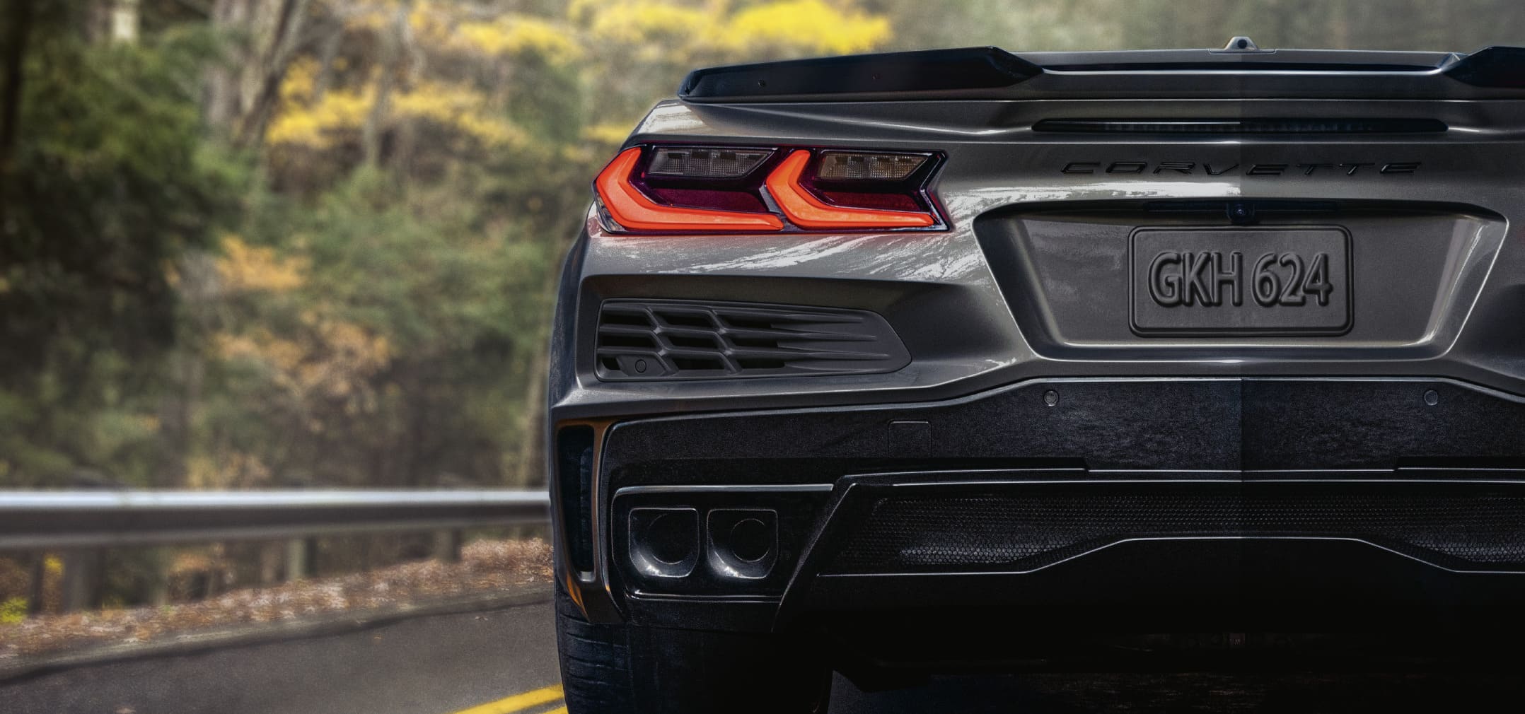 Heckansicht einer grauen Chevrolet Corvette E-Ray auf einer Landstraße im Wald