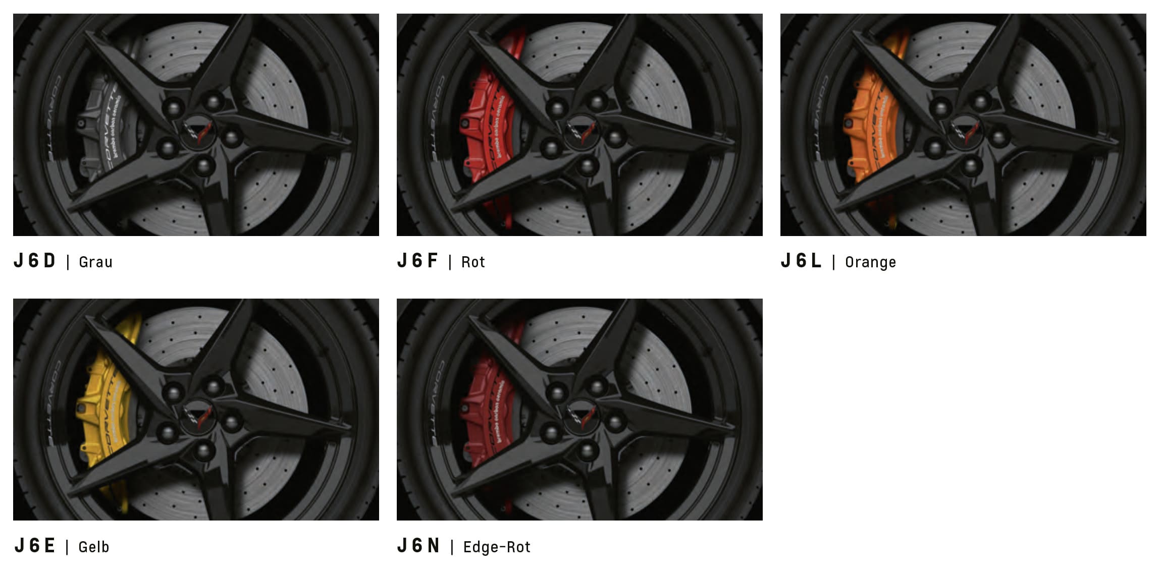 Übersicht mit verschiedenen Farboptionen für Bremssättel der Chevrolet Corvette E-Ray an einem schwarzen Rad