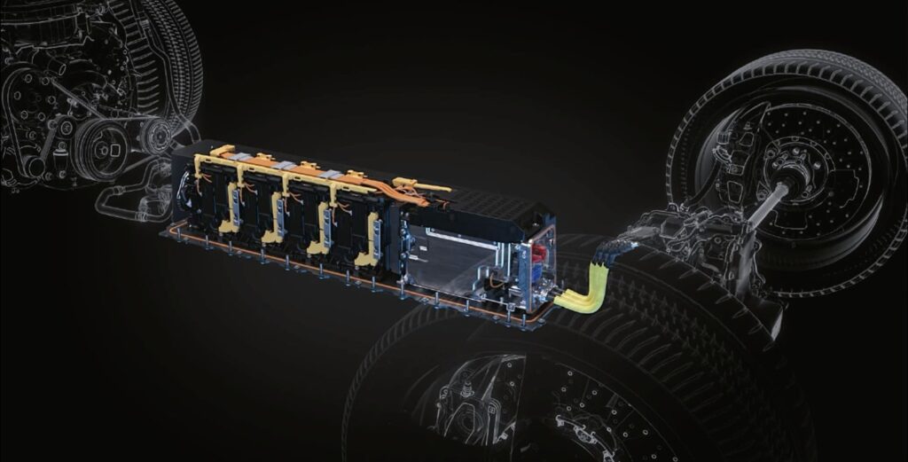 Technische Darstellung der Hochvoltbatterie der Chevrolet Corvette E-Ray zwischen Vorder- und Hinterachse