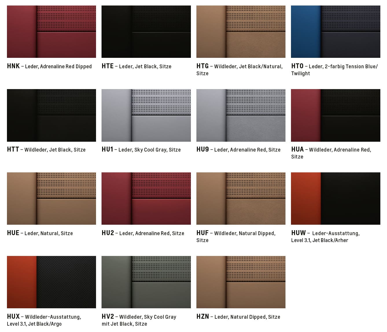 Übersicht mit verschiedenen Farb- und Materialvarianten für den Innenraum der Chevrolet Corvette E-Ray, dargestellt als Musterflächen.