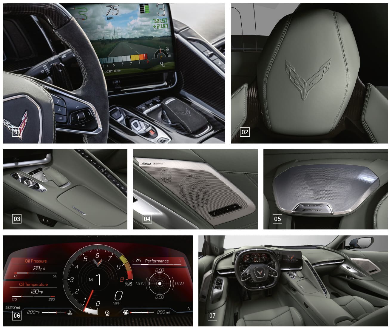 Bildcollage mit Detailansichten des Innenraums der Chevrolet Corvette E-Ray, darunter Cockpit, Sitze, Bedienelemente, Lautsprecher und digitale Anzeigen