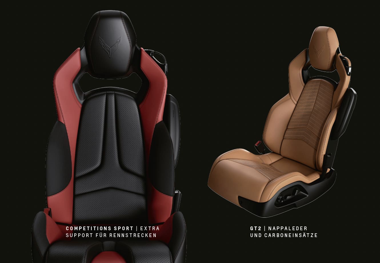 Zwei Fahrzeugsitze der Chevrolet Corvette E-Ray: links ein sportlicher Schalensitz in Schwarz und Rot, rechts ein Komfortsitz in Braun.