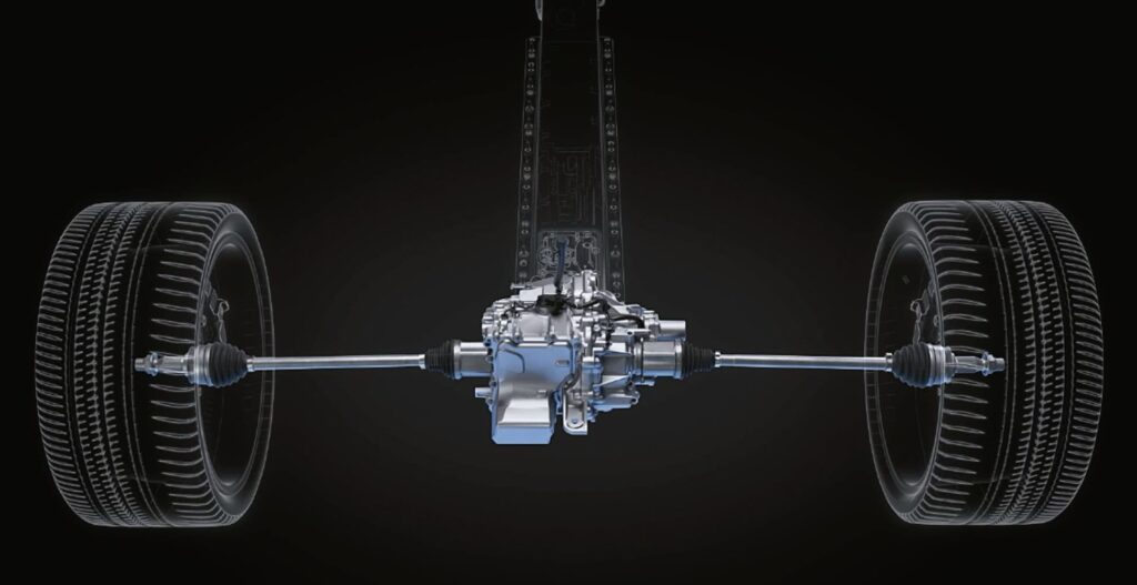 Technische Darstellung der elektrischen Antriebseinheit der Vorderachse der Chevrolet Corvette E-Ray mit Antriebswellen und Vorderrädern