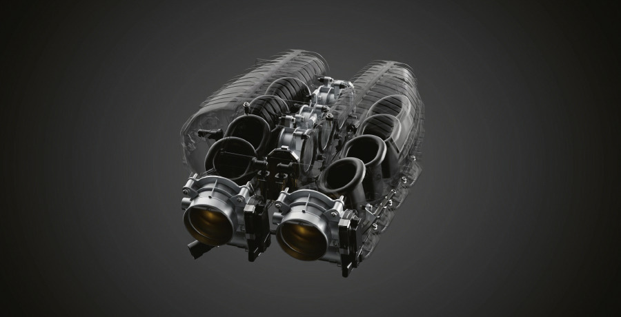 Luftansaugsystem Zwei Drosselklappen und drei verstellbare Drehventile ermöglichen einen höheren Luftdurchsatz und optimieren die Luftzufuhr des Motors bei hohen Geschwindigkeiten.