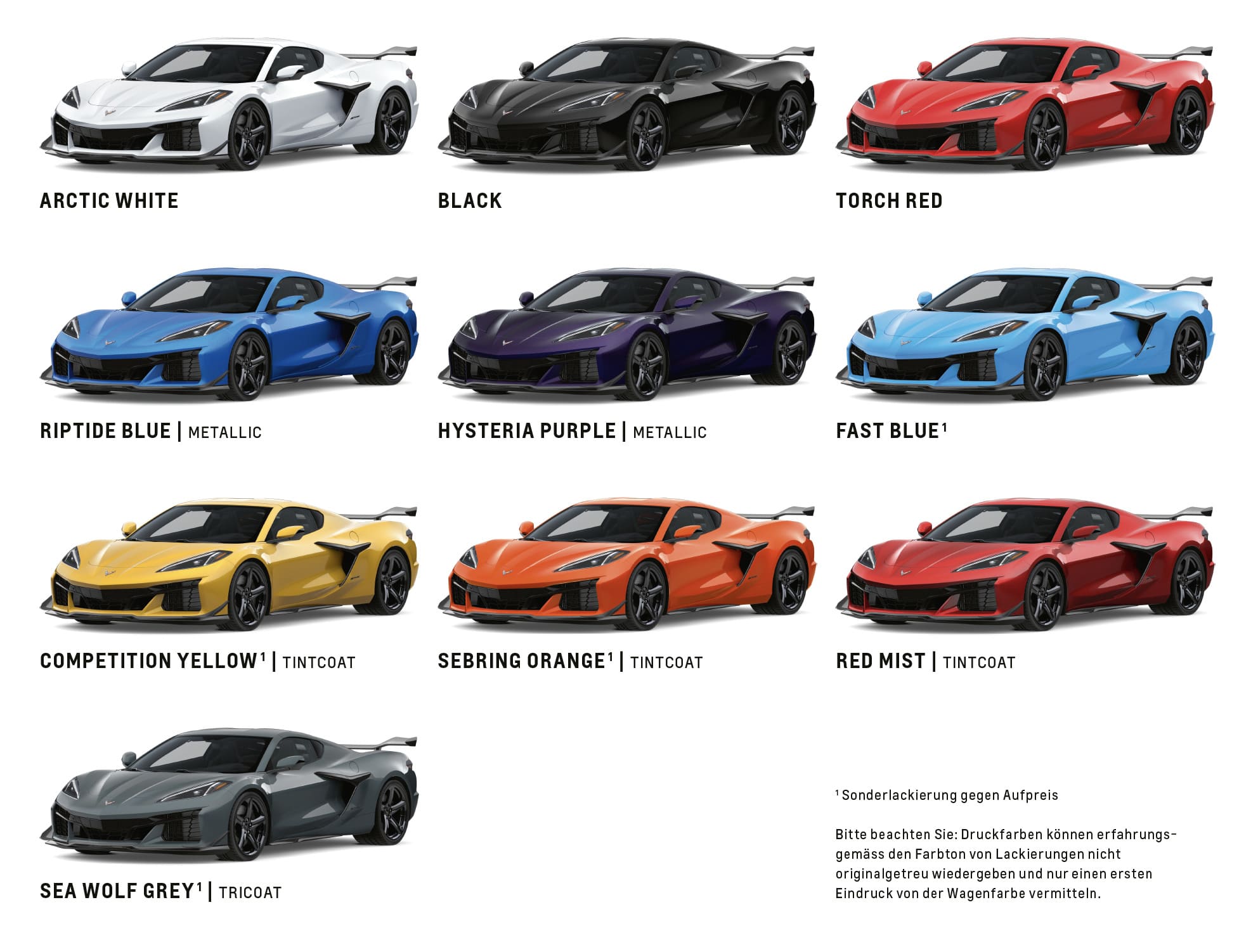 Übersicht der verfügbaren Außenfarben für die Chevrolet Corvette Z06.